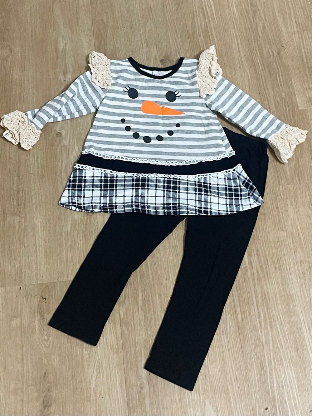 Girls' Snowman Top & Black Leggings Set - Grey/Orange